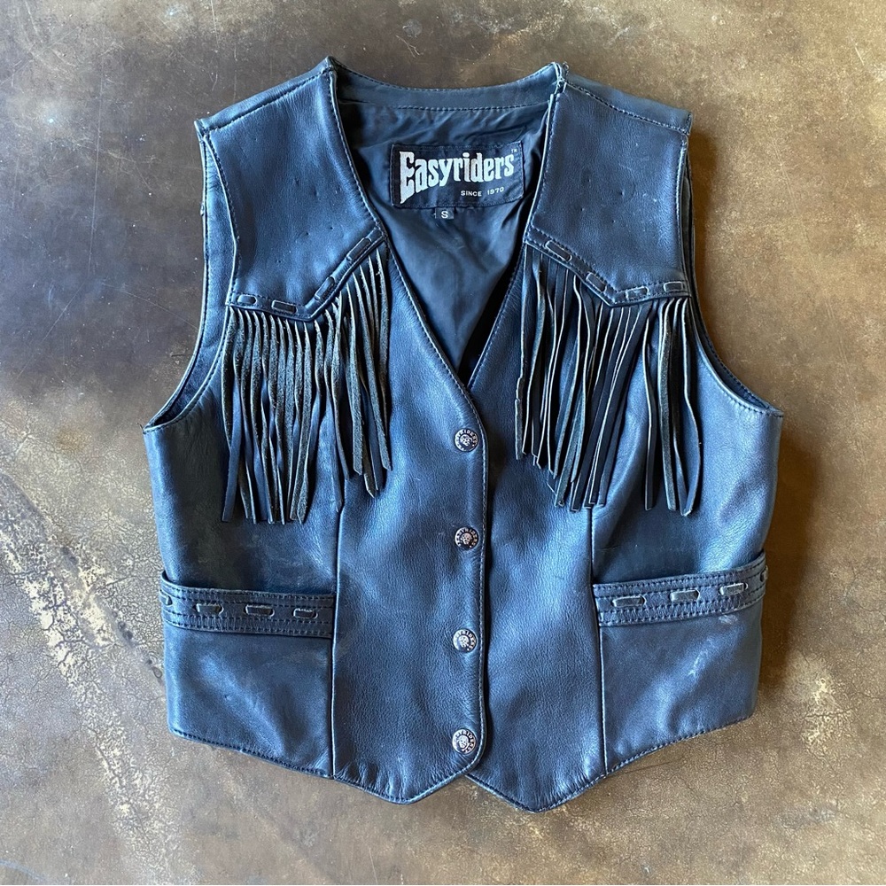VTG 80s 90s Rare Easyriders Black Leather Fringe Biker Vest